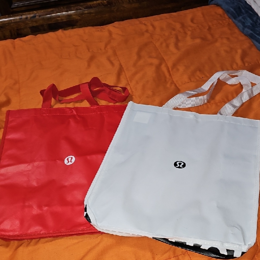 Lululemon 2 Sz Large Reusable Tote Bags! Red And White, Snap Closure